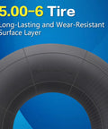 Close-up of 5.00-6 tire with text highlighting long-lasting, wear-resistant surface for 13 By 5.00-6 Inner Tube With TR-13 Straight Valve.