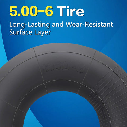 Close-up of 5.00-6 tire with text highlighting long-lasting, wear-resistant surface for 13 By 5.00-6 Inner Tube With TR-13 Straight Valve.