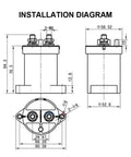 Pro Grade DC Contactor Relay Switch Built For Tough EV Chargers Featuring One NC 110V Coil Plus Multi Voltage Flex Up To 72V installation diagram with dimensions.