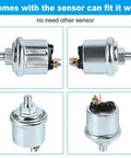 52mm chrome oil pressure gauge sensor kit, DC12V, 0–150 PSI; four views (front, side, bottom, top)