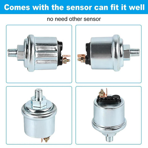 52mm chrome oil pressure gauge sensor kit, DC12V, 0–150 PSI; four views (front, side, bottom, top)