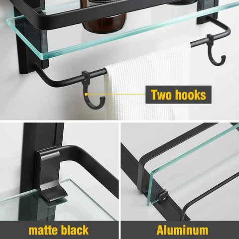 Close-up of Bathroom Lavatory Glass Shower Shelf Two Tier With Towel Bar showing hooks, matte black aluminum, tempered glass.
