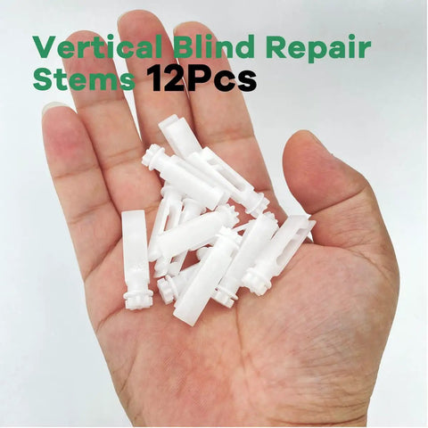 Vertical Blinds Repair Kit 64 Piece Set Featuring 40 Tabs 12 Stems And 12 Gear Combs Fits 3 Or 5 Inch Vanes Carrier Tracks Smooth Headrail Swap No Sweat Handy Fix. 12 white repair stems in hand.