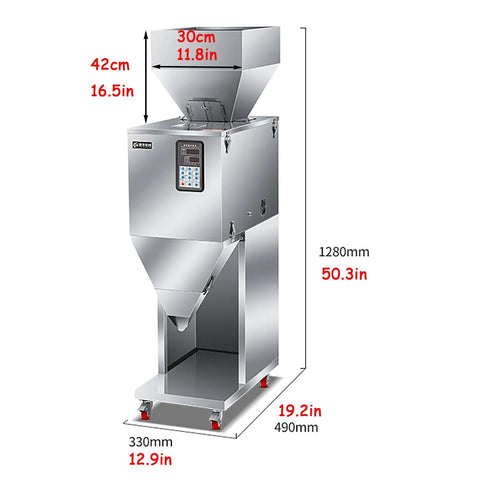 Hassle Free Automatic Powder And Granule Filling Machine With Smart Controls showcasing stainless steel frame and dispenser dimensions.