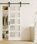 Glass And Wood Barn Door Kit 30In X 84In With Frosted Five-Panel Glass, White Primed MDF Panel, shown installed in a room.