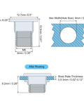 Technical diagram of M6 Half Hex Rivet Nuts For 304 Stainless Steel Flat Head Threaded Inserts, 60 Piece Pack, dimensions shown