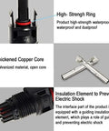 MC4 Solar Panel Connectors Kit 50 Pairs With 2 Spanners, IP67 Waterproof, showing copper core and high-strength ring features.