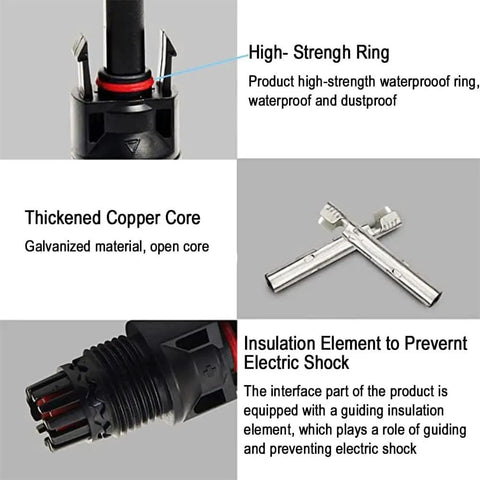 MC4 Solar Panel Connectors Kit 50 Pairs With 2 Spanners, IP67 Waterproof, showing copper core and high-strength ring features.