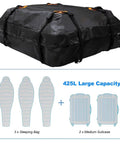 Heavy Duty Car Roof Cargo Bag With Upgraded Water Resistant 600D Fabric And Reinforced Seams displaying capacity for sleeping bags and suitcases
