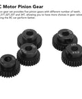 Five Piece RC Pinion Gear Set For 1 To 10 Scale Cars, 48DP 5.0mm, 30T-34T gears in black CrMo alloy steel for precise tuning.