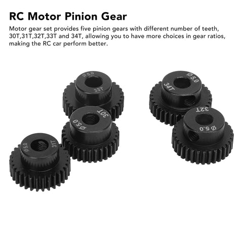 Five Piece RC Pinion Gear Set For 1 To 10 Scale Cars, 48DP 5.0mm, 30T-34T gears in black CrMo alloy steel for precise tuning.
