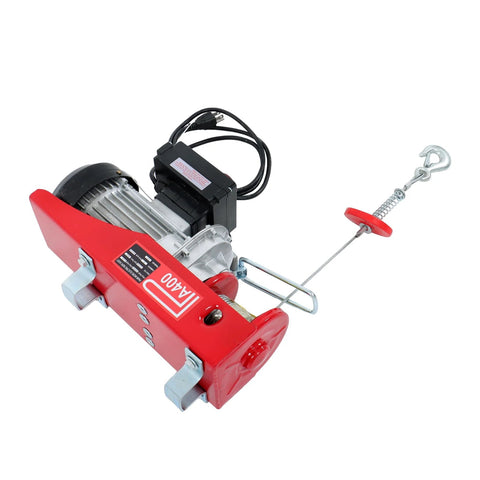 PA400 electric hoist from Amazon with red housing, black motor, wireless remote, 880 lb capacity.