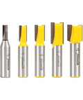 Five Piece Straight Router Bit Set With One Half Inch Shanks And Premium Micro Grain Carbide Blades for CNC or handheld routers.
