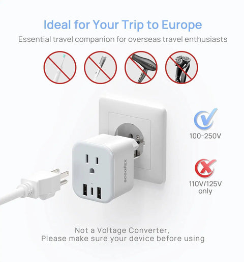 All In One Universal EU Travel Plug Adapter With Foldable Travel Ready Design And 3 USB Ports 1 USB C Port And 1 AC Outlet US To Europe Charger