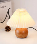 Cute Small Pleated Desk Lamp With Beige Shade, Modern Bedside Nightstand Light, Wood Pattern Metal Base, Cozy Vibe For Bedroom