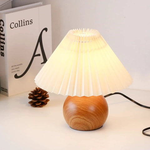 Cute Small Pleated Desk Lamp With Beige Shade, Modern Bedside Nightstand Light, Wood Pattern Metal Base, Cozy Vibe For Bedroom
