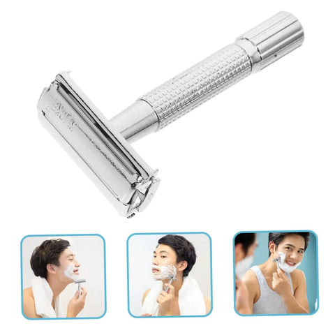 Long Handle Safety Razor for Men With Butterfly Open Design, Old School Vintage Style Beard Shaver and Facial Hair Remover
