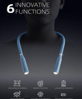 Blue neck reading light with rechargeable LED, flexible arm, 6 modes, 3 color temperatures, fatigue reminder, memory function.