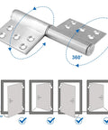 Tough As Nails 5 Inch Heavy Duty Lift Off Hinges, 304 Stainless Steel featuring 360° rotation and installation guide.