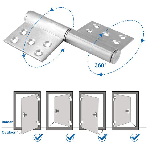 Tough As Nails 5 Inch Heavy Duty Lift Off Hinges, 304 Stainless Steel featuring 360° rotation and installation guide.