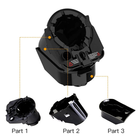 Full Assembly Replacement Pod Holder Needle Kit For All Keurig 2.0 Coffee Makers showing black plastic parts labeled Part 1, Part 2, Part 3