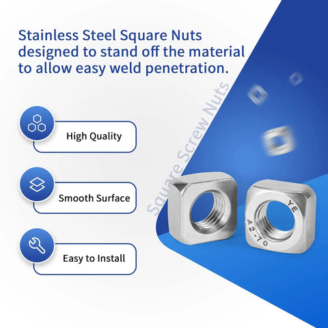Top Grade 304 Stainless Steel Square Nuts Assortment Kit Including 139 Metric Machine Screw Nuts, high quality with smooth surface.
