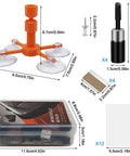 Upgraded Windshield Repair Kit for Chips and Cracks, Quick Fix DIY Star Shaped Crack Repair, Easy Windshield Chip Repair for Cars, Trucks, and Shop Use showing components and case dimensions.
