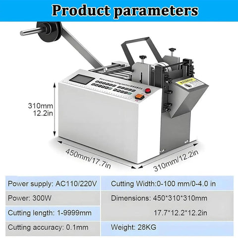 Heavy Duty Automatic Heat Shrink Tube Cutter Machine With Electric Power For Fast And Precise Fiberglass Sleeving Cutting Width 1Mm To 200mm shown with specifications and dimensions on display.