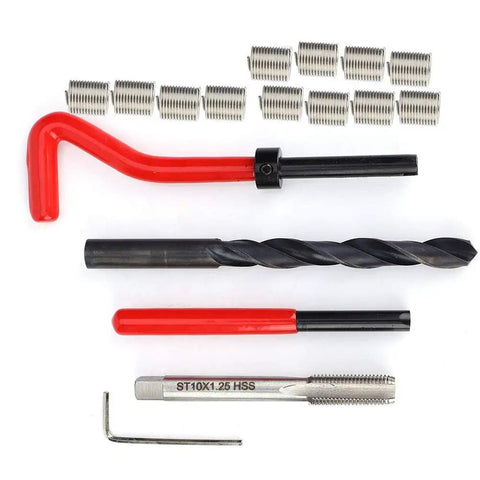 M10x1.25 Stainless Steel Rethreading Tap Set All-In-One 17-Piece Thread Repair Kit with tools and 12 thread inserts displayed