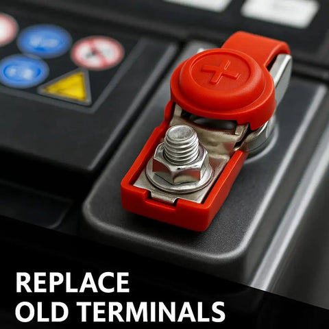 Close-up of red 12V Battery Terminal Connector with dust cover, zinc clamp for 5/16 inch stud, used in cars and trucks.
