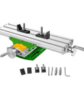 13 Inch Mini Milling Machine Work Table With Compound Slide For Drilling Press And Bench Drill Pro Grade X Y Adjustable Aluminum Alloy Dovetail Table Platform front view with accessories