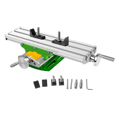 13 Inch Mini Milling Machine Work Table With Compound Slide For Drilling Press And Bench Drill Pro Grade X Y Adjustable Aluminum Alloy Dovetail Table Platform front view with accessories