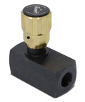 Inline hydraulic flow control valve with brass adjustment knob on a black mounting block, 1/2" NPT port