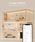 Plug And Play Smart Light Switch For 2.4GHz WiFi With App Control, Works With Alexa shown in 3D home model with phone interface