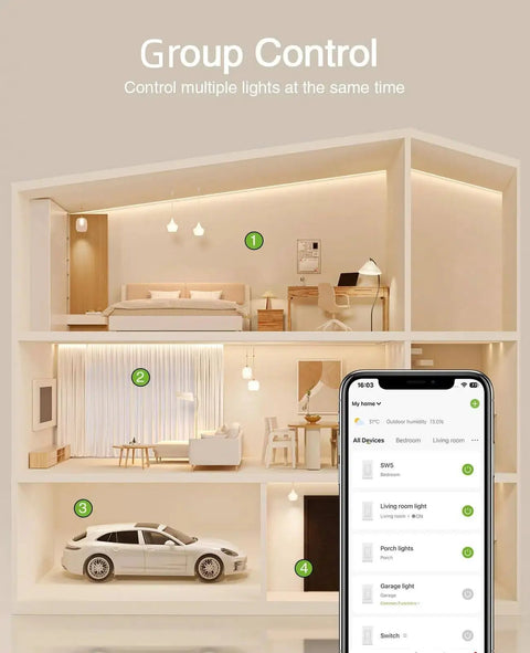 Plug And Play Smart Light Switch For 2.4GHz WiFi With App Control, Works With Alexa shown in 3D home model with phone interface