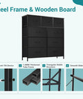 Dope Nine Drawer Black Dresser For Bedroom And Closet Organizer With Solid Multifunctional Storage Tower showing steel frame and drawer details.