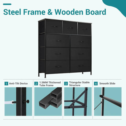 Dope Nine Drawer Black Dresser For Bedroom And Closet Organizer With Solid Multifunctional Storage Tower showing steel frame and drawer details.
