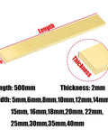 Solid Brass Flat Bar 500mm Long With 2mm Thickness And 5mm To 40mm Width Range displayed with measurements