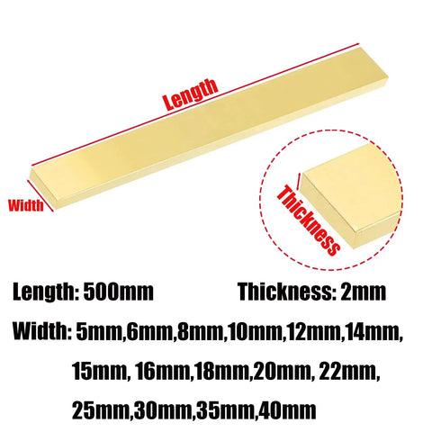 Solid Brass Flat Bar 500mm Long With 2mm Thickness And 5mm To 40mm Width Range displayed with measurements