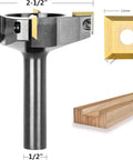 Four Wing Coated Carbide Insert CNC Spoilboard Surfacing Router Bit With Half Inch Shank And Two And A Half Inch Cutting Diameter Includes Four Extra Carbide Inserts For Quick Replacement And Durable Budget Friendly Performance, showing measurements and carbide inserts.
