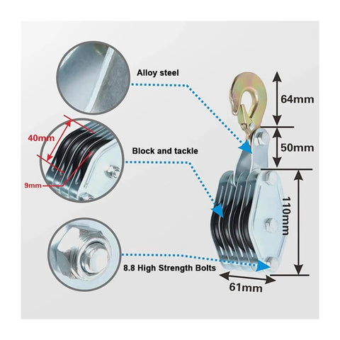 Overview of Heavy Duty 270 Degree Rotatable Zinc Alloy Handheld Rope Pulley Block Hoist with durable dimensions and components.