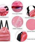 Dry Wet Separated Swim Bag With Drawstring Backpack, waterproof pink design, front zipper pocket, adjustable straps, and durable fabric.