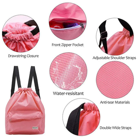 Dry Wet Separated Swim Bag With Drawstring Backpack, waterproof pink design, front zipper pocket, adjustable straps, and durable fabric.