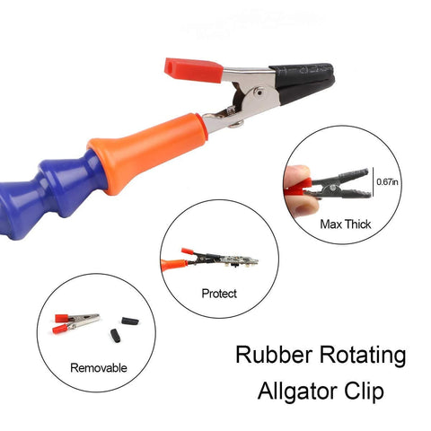 Close-up of an orange and blue rubber rotating alligator clip for Soldering Station Helping Hand with 3 Flexible Arms