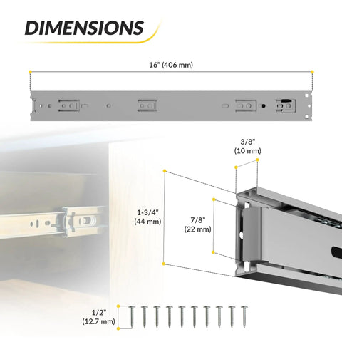 Diagram of heavy duty ball bearing side mount drawer slides in steel with Perma Brite zinc finish, showing dimensions and installation.