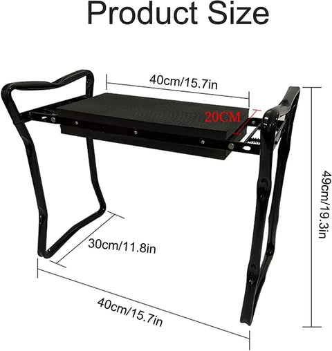 Foldable Garden Kneeler Seat 2 In 1 With EVA Foam Kneeling Pad And Tool Bag shown with dimensions and foldable design