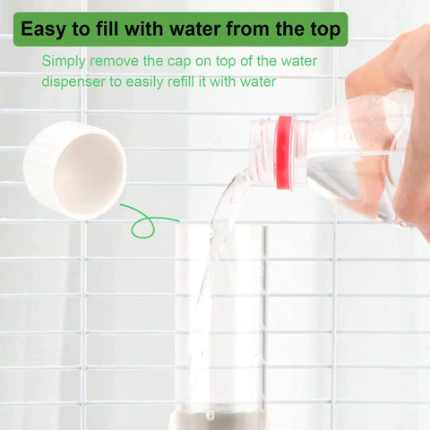 Gotta Have Cage Mounted Bird Water Bottle With Zero Drip Copper Needle Valve, easy refill from top shown, PVC material.