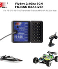 Flysky FS-BS6 2.4GHz 6Channel AFHDS2 Receiver For FS-GT5 And FS-IT4S Transmitters, shown with RC car, boat, and controller.