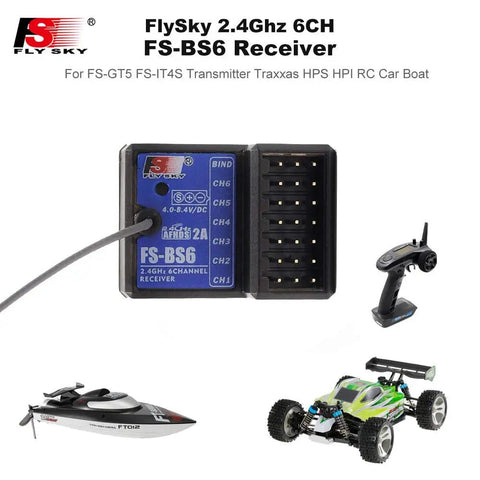 Flysky FS-BS6 2.4GHz 6Channel AFHDS2 Receiver For FS-GT5 And FS-IT4S Transmitters, shown with RC car, boat, and controller.
