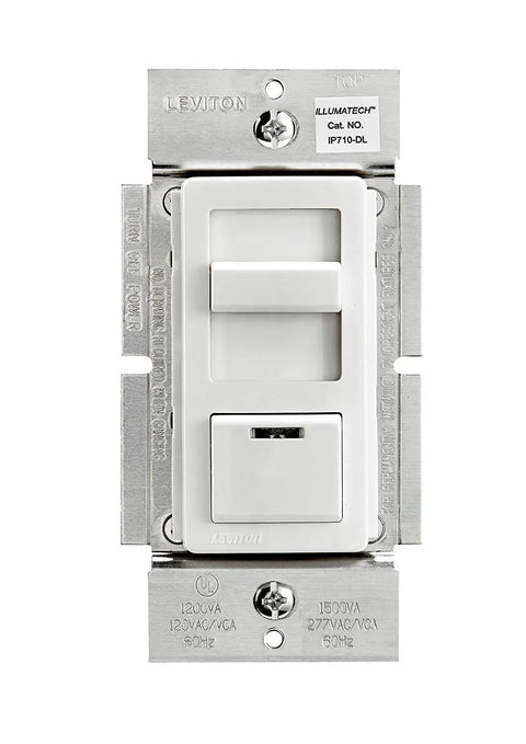 IllumaTech 0-10V LED Dimmer Switch For Commercial Lighting With LED Locator Light IP710-DLZ White Faceplate With Ivory And Light Almond Trim 120/277V 50mA Max Sink Plays Nice With Mark 7 Ballasts